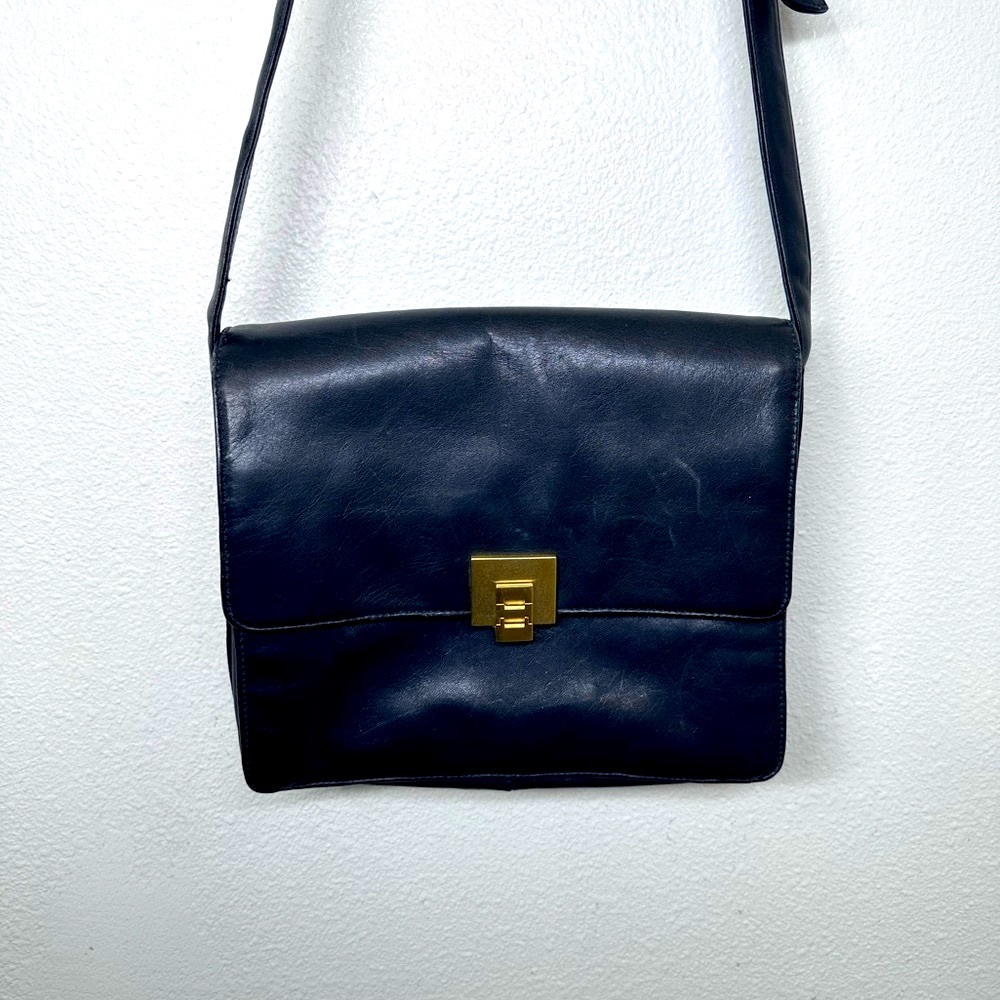 PERLINA Vintage navy blue leather square crossbody bag
